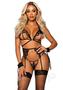 Leg Avenue Eyelash Lace Cage Strap Open Cup Bra With Heart Ring Accent, Garter Belt, G-string Panty And Wrist Cuffs (4 Pieces) - O/s - Black